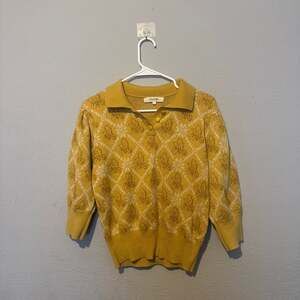 Simple Retro Yellow Floral Knit Polo Contrast Collar Sweater